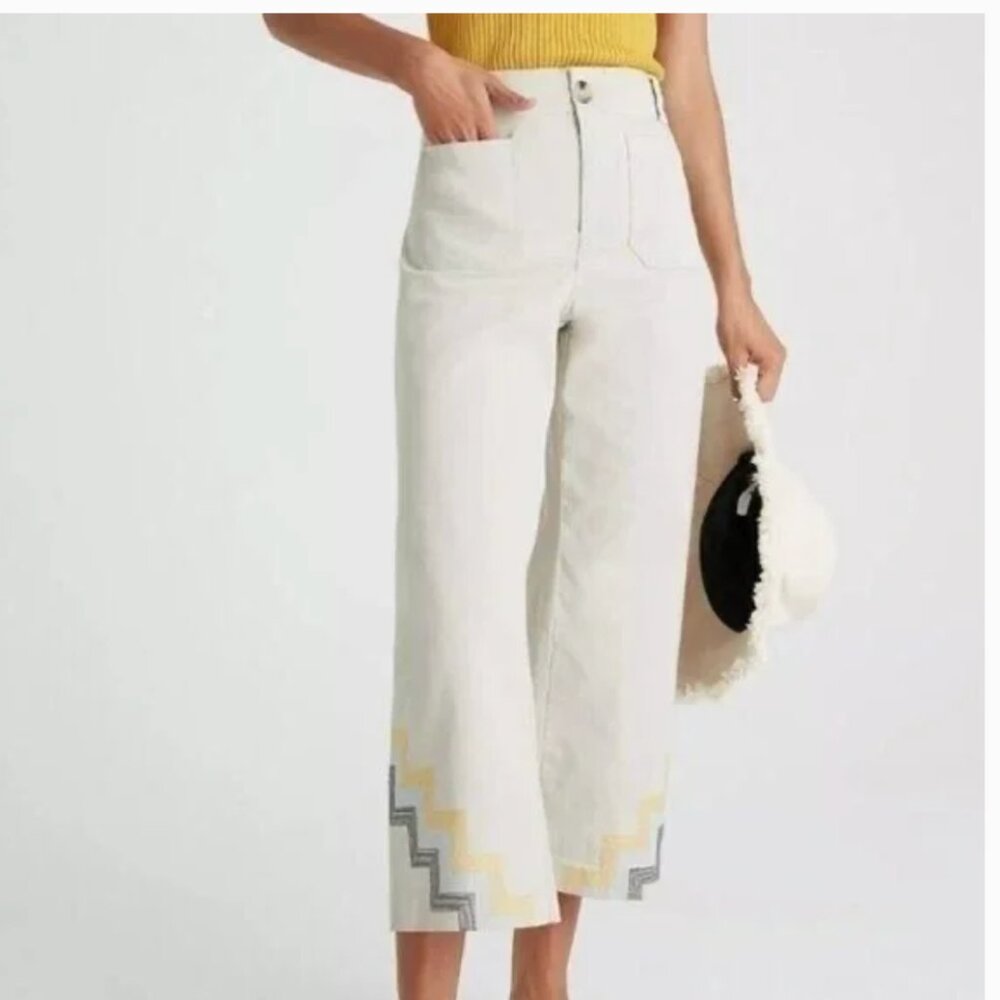 Anthropologie Maeve Hallee Embroidered Wide-Leg Cropped Pants Sz 6 Women